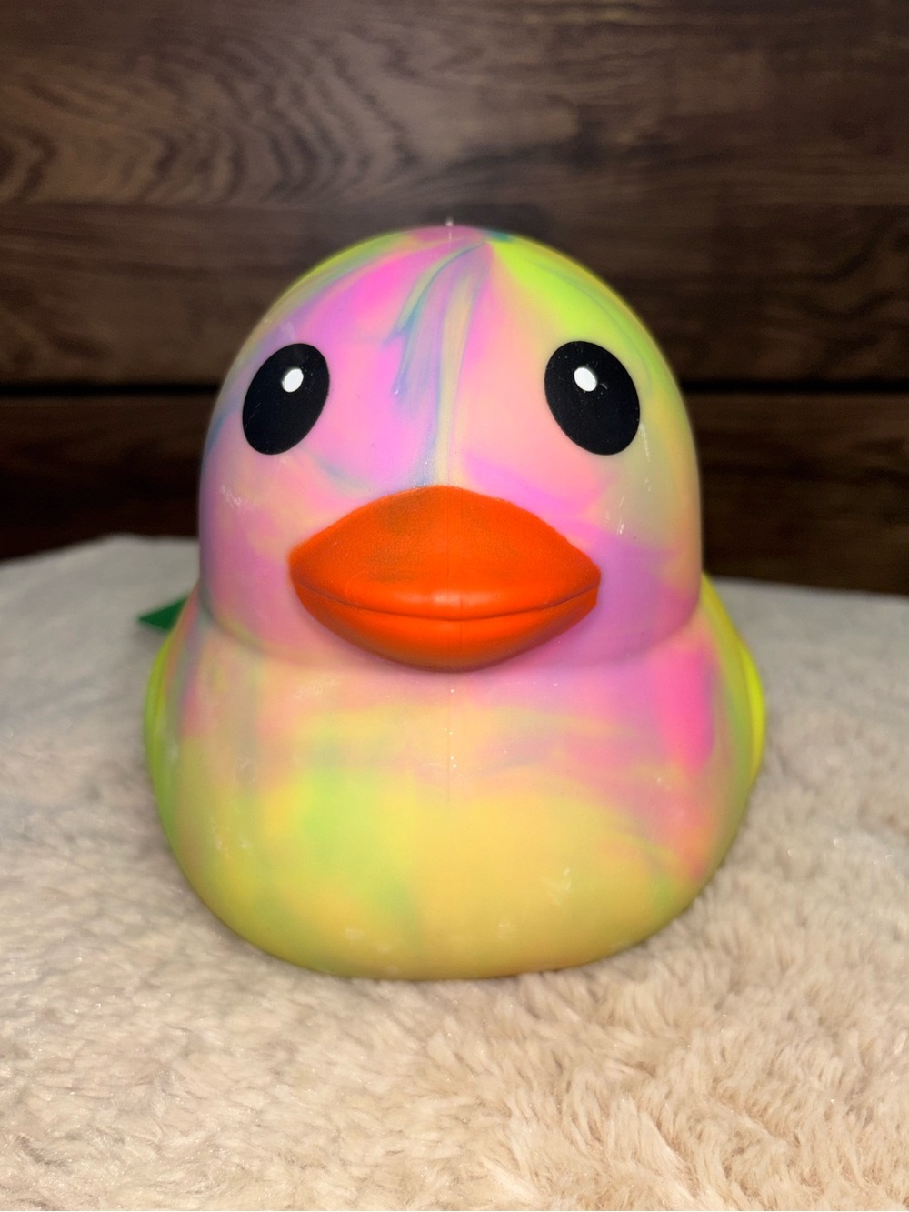 Rainbow Squishy Duck Toy - Neon Yellow with Multicolor Accents - Picture 2 of 4